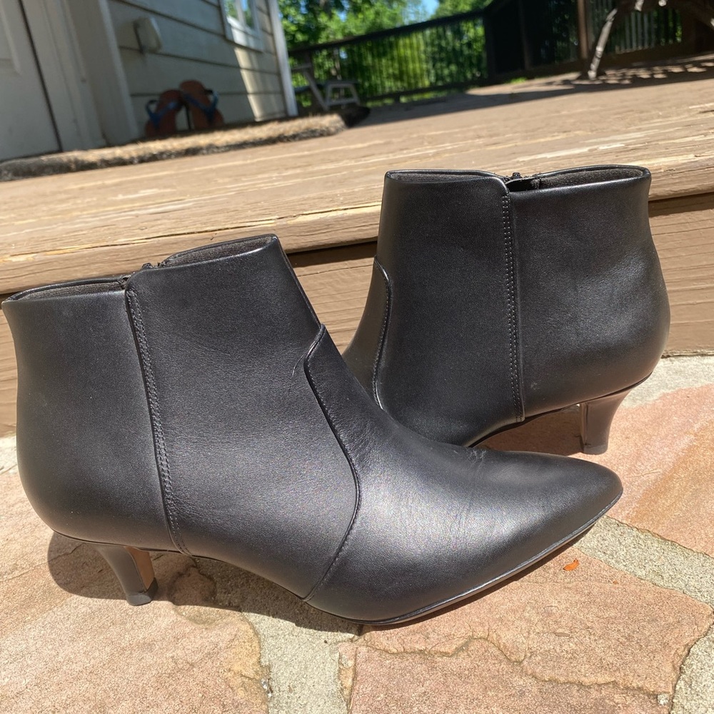 Clarks black leather ankle booties, size 7.5